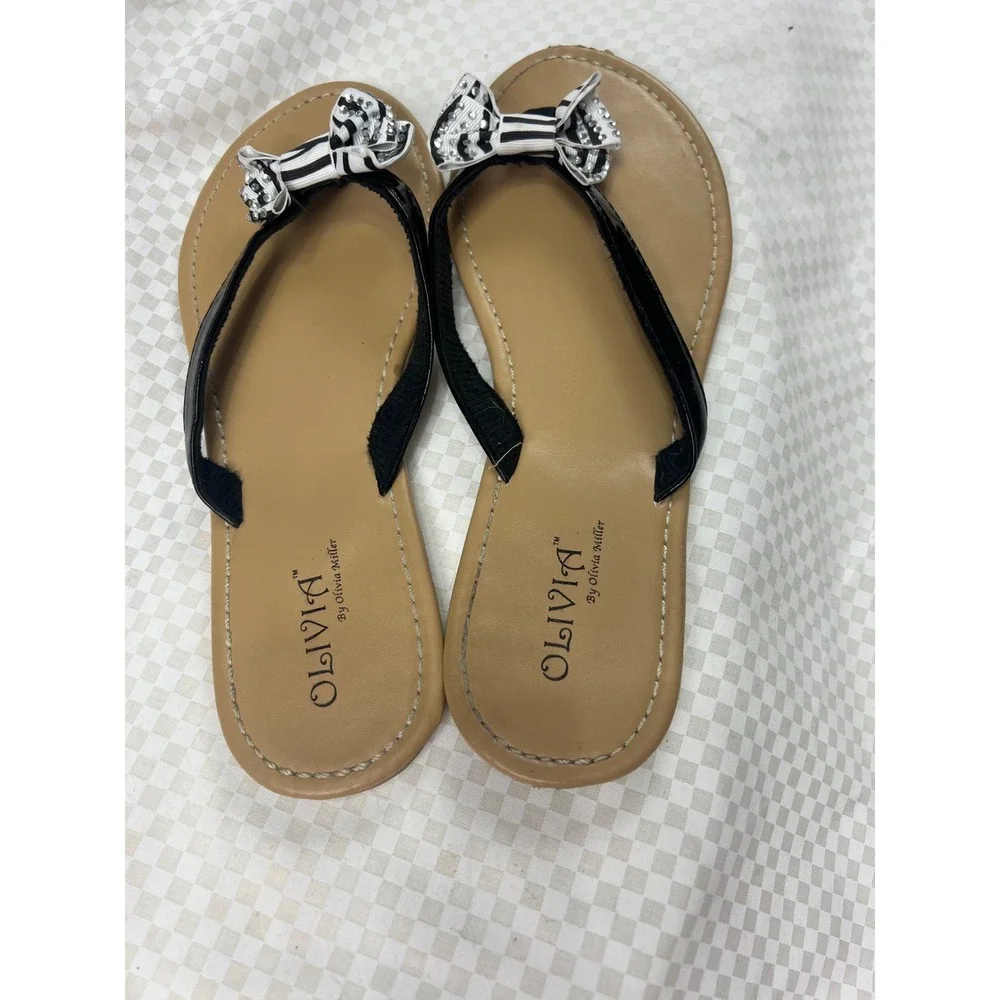 Olivia Miller Womens Flip Flop Sandals Black/White Striped Bow Rhinestone 10‎